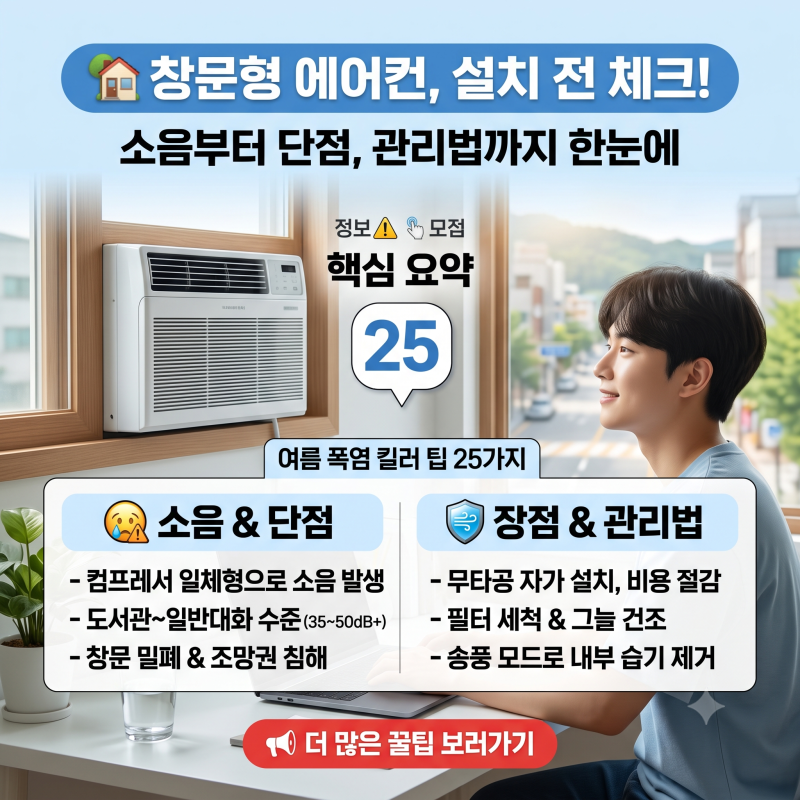 창문형 에어컨 소음 얼마나 클까? 진동 줄이는 꿀팁! 설치 전 꼭 체크할 3가지 단점 및 장점 (+....