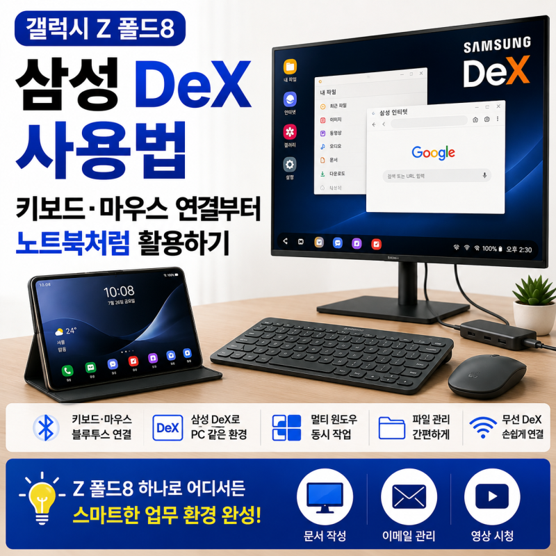 갤럭시 Z 폴드8 삼성 DeX 사용법｜키보드·마우스 연결부터 노트북처럼 활용하기