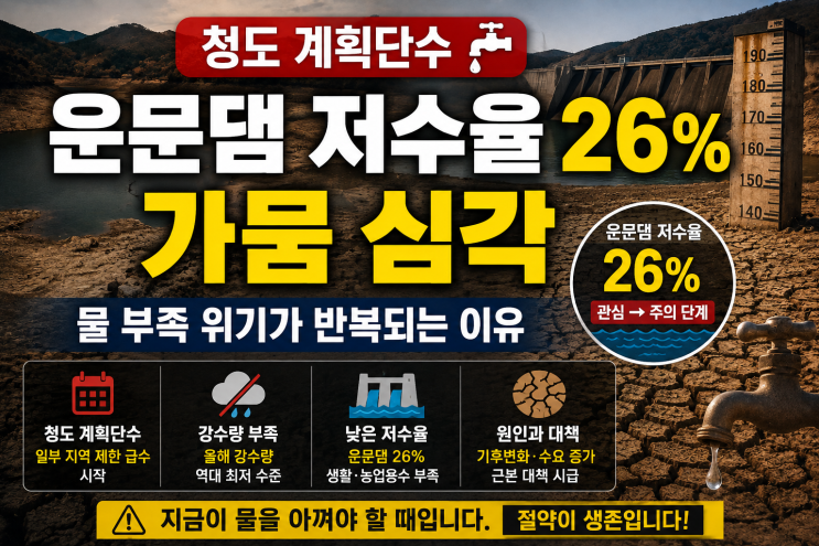 청도 계획단수 <b>운문댐 저수율</b> 26% 가뭄 심각 물 부족 위기가 반복되....
