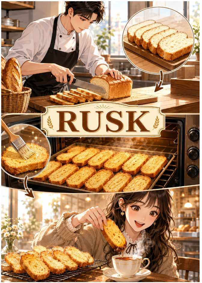 Rusk 뜻과 어원, 발음부터 예문까지｜바삭하게 구운 빵을 영어로