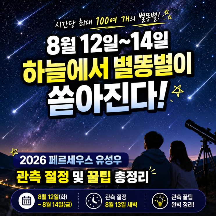 8월 12일~14일 하늘에서 <b>별똥별</b>이 쏟아진다! 2026 맨눈으로 <b>관측</b> 절정 ....