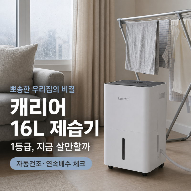 캐리어 제습기 16L 1등급, 20평대 집에 자동건조 연속배수를 선택해야하는 이유