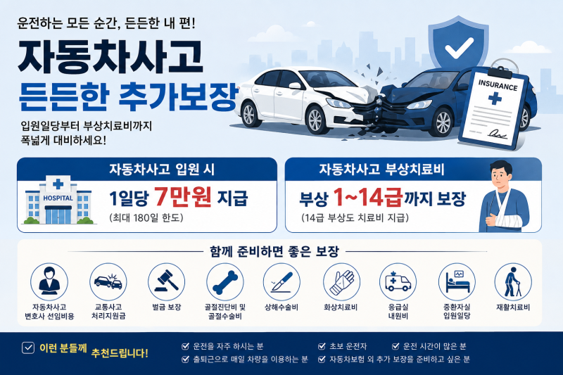자동차사고 입원하면 하루 7만원! 14급 부상도 치료비 보장