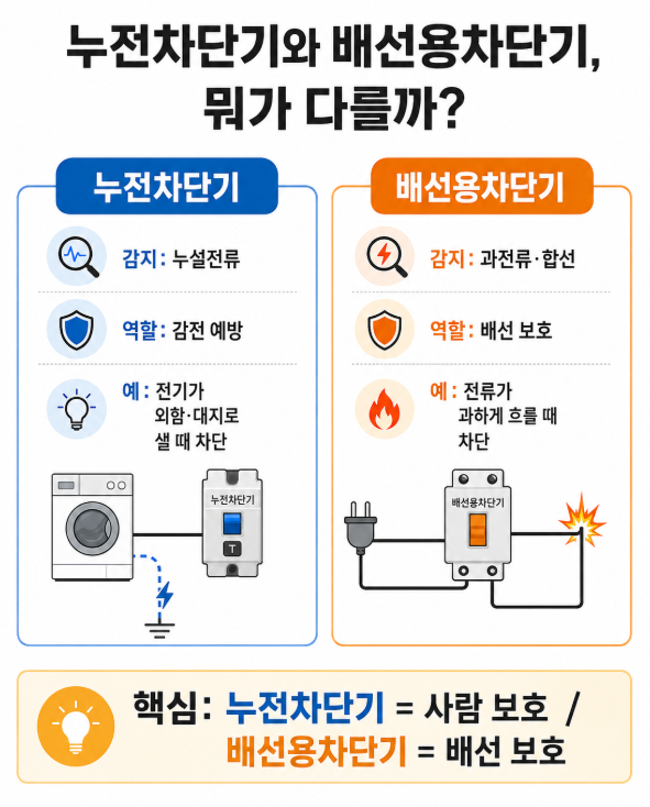 누전차단기와 배선용차단기 차이, 무엇을 보호하는 장치일까?