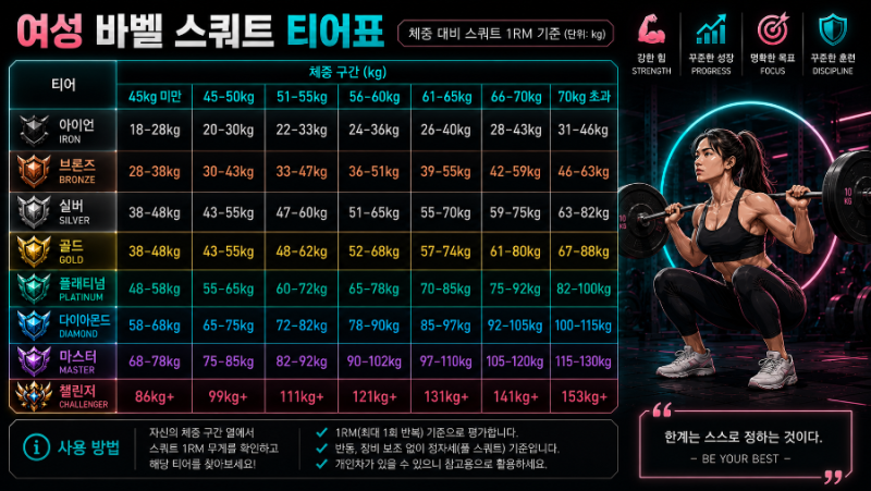 여자 스쿼트 티어표, 체중별 무게 기준 총정리 (아이언~챌린저 8단계)