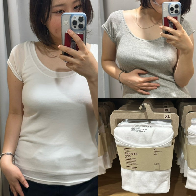 인스타 난리난 무인양품 추천템! 여성 후라이스 프렌치 슬리브 티셔츠 전사이즈 착샷