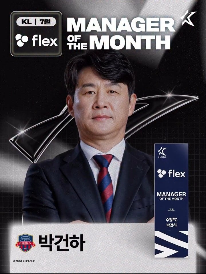 [오피셜] 수원FC 박건하 감독, 7월 flex 이달의 감독상 수상…개인 통산 두 번째 영예