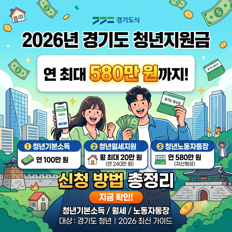 청년지원금 경기도 2026년 청년기본소득, 월세,노동자통장 신청 방법 연 최대 100만 원부터 580....