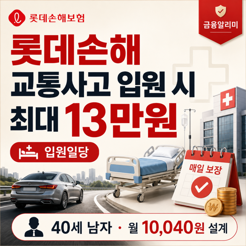 교통사고 입원일당 13만원, 롯데손해 40세 남자 월 1만원대