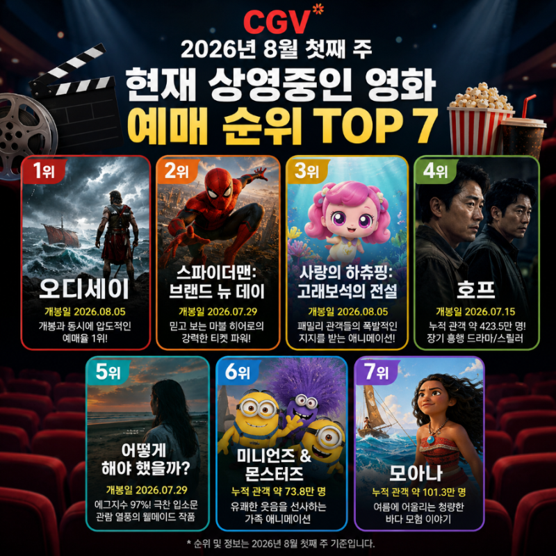 2026년 8월 첫째 주 CGV 현재 상영중인 영화 예매 순위 TOP 7