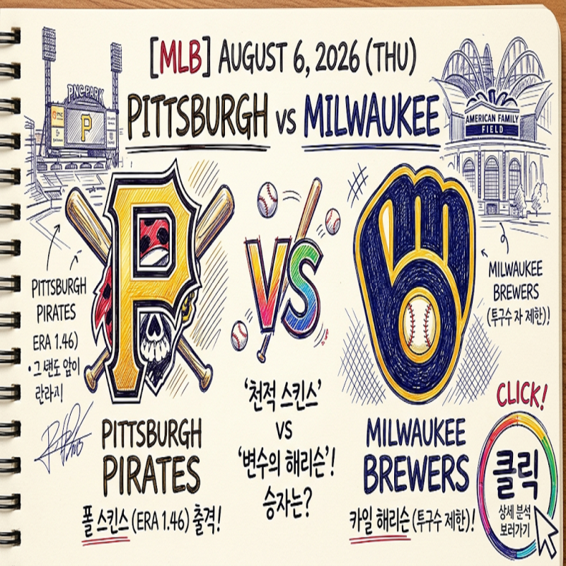 [MLB] 피츠버그 vs 밀워키 (2026년 8월 6일) '밀워키 천적' 스킨스의 반등인가, '부상 복귀' 해리슨....
