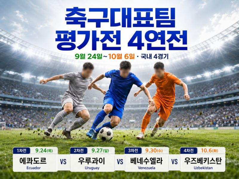 축구대표팀 평가전 일정 확정, 9월 에콰도르·우루과이부터 4연전