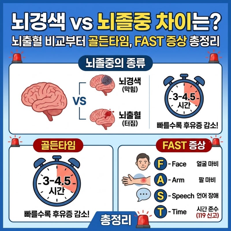 뇌경색과 뇌졸중 차이는? 뇌출혈 비교부터 골든타임, FAST 증상 총정리