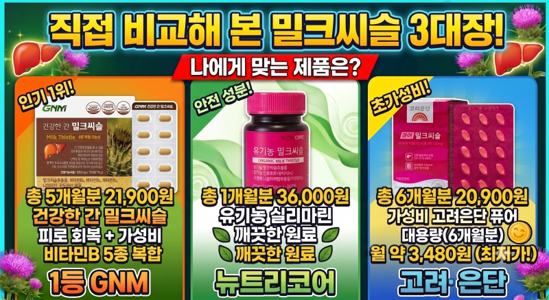 직접 비교해 본 밀크씨슬 3대장! GNM · 뉴트리코어 · 고려은단 나에게 맞는 제품은?