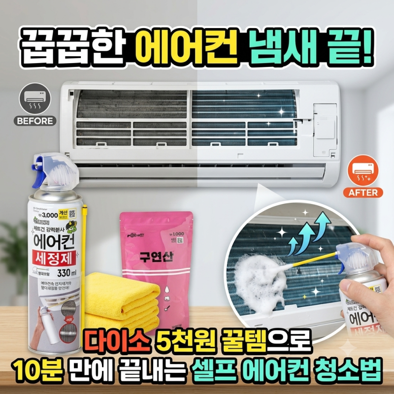 [여름철 필수] 꿉꿉한 에어컨 냄새 끝! 다이소 5천원 꿀템으로 10분 만에 끝내는 셀프 에어컨 ....