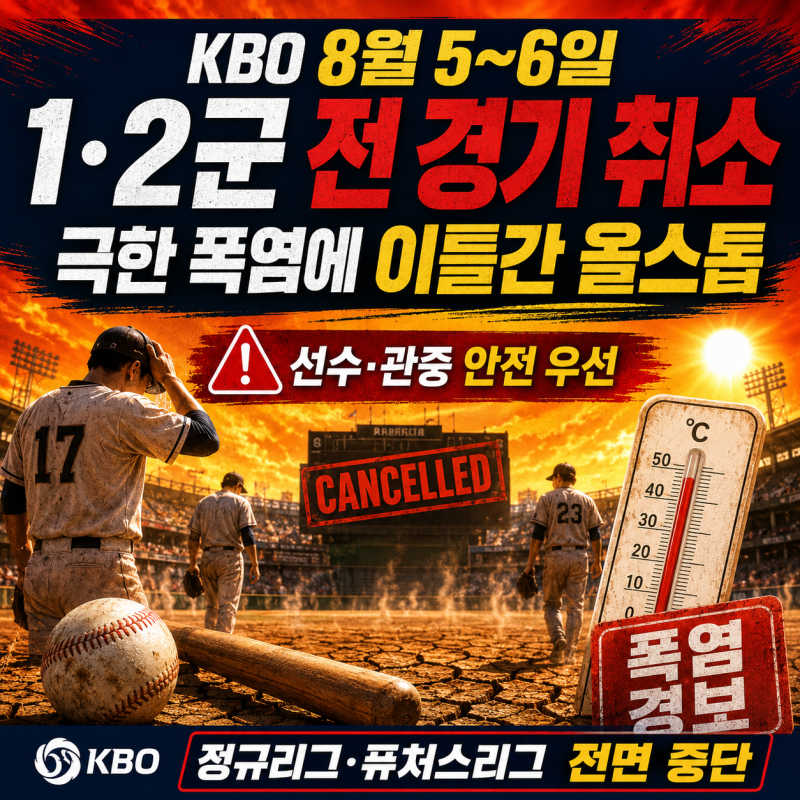 KBO 8월 5~6일 1·2군 전 경기 취소｜극한 폭염에 프로야구 이틀간 전면 중단