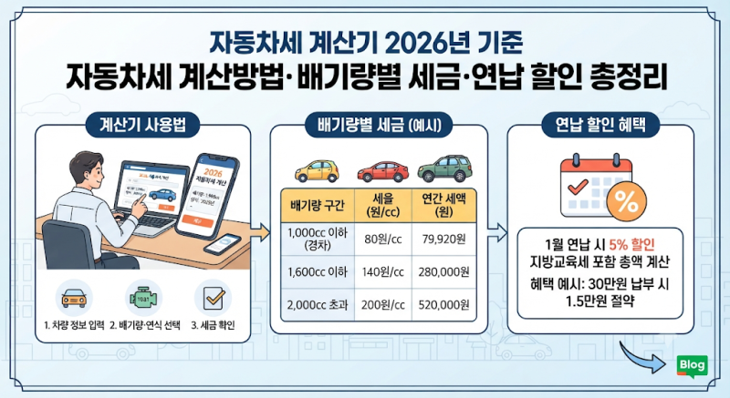 자동차세계산기 2026년 기준 자동차세 계산방법·배기량별 세금·연납 할인 총정리