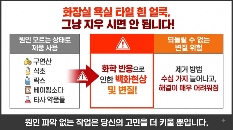 타일 교체까지 고민했던 화장실 흰가루 백화현상 얼룩, 구연산·다이소 석회제거제 실패 후 ....