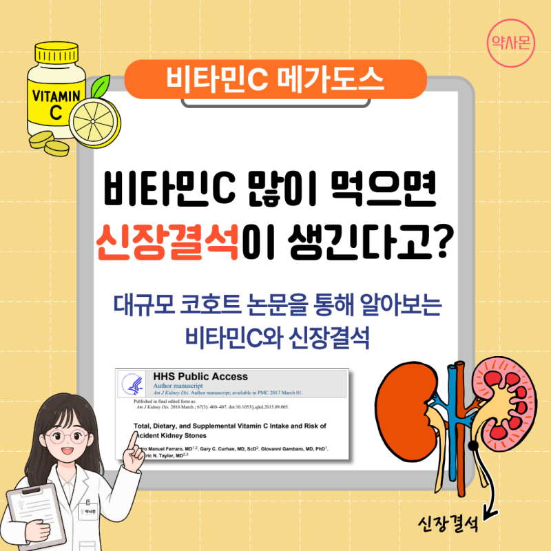 [비타민C 메가도스] 비타민C 많이 먹으면 신장결석이 생긴다고?- 대규모 코호트 연구로 알아....