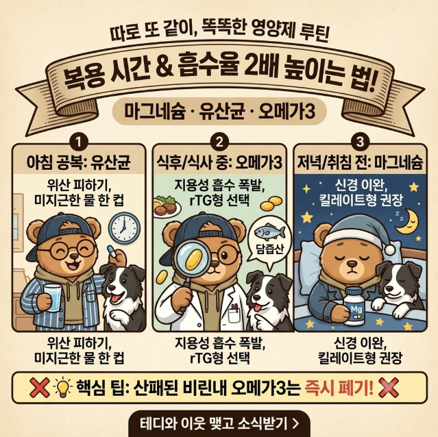 [영양제 섭취 가이드] "영양제 한꺼번에 먹고 계신가요?" 마그네슘·유산균·오메가3 복용 시....