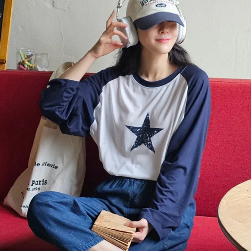 프린팅 나그랑 배색 긴팔 티셔츠 루즈핏 라운드넥 여성 빅사이즈