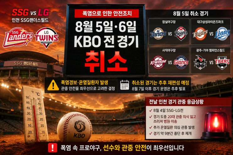 <b>KBO</b> 8월 5일·6일 전 <b>경기 취소</b>, SSG-LG전 관중 응급상황 뒤... 