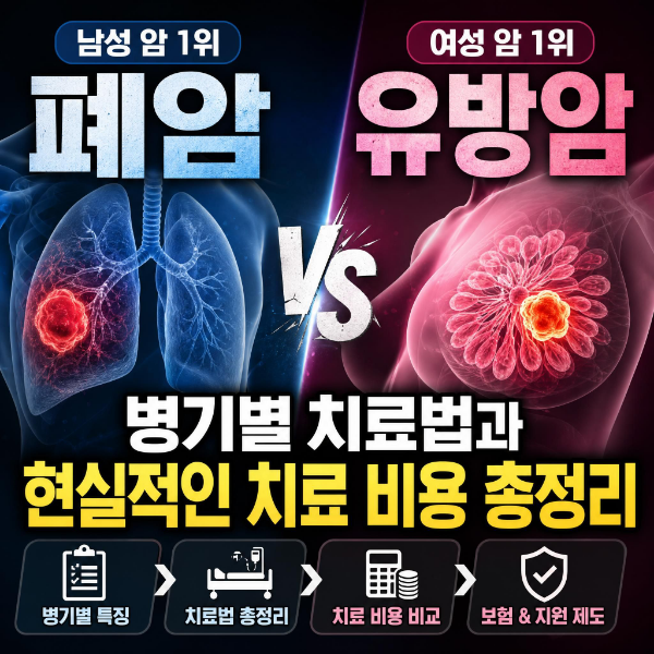 남성 암 1위 폐암 vs 여성 암 1위 유방암 병기별 치료법과 현실적인 치료 비용 총정리