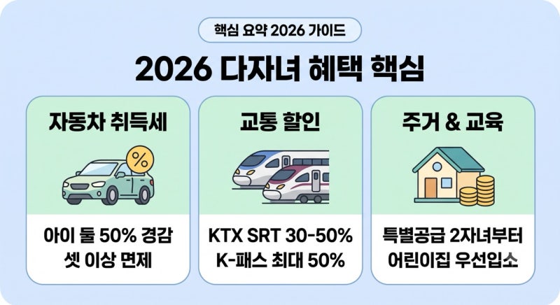 2026 다자녀 혜택 총정리｜2자녀부터 자동차 취득세·KTX·고속도로 할인 달라집니다