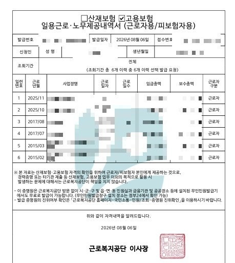 고용보험 일용근로 발급/노무제공 내역서