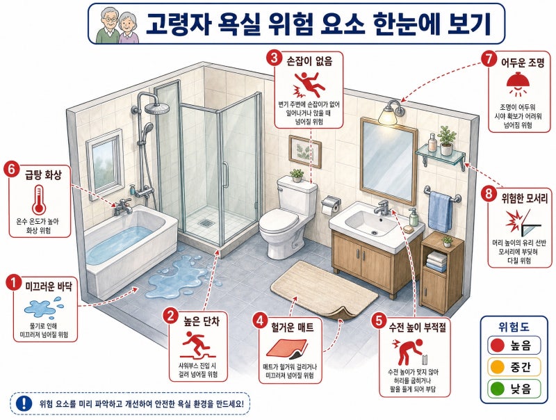 노인 욕실 인테리어의 기본, 안전 손잡이부터 미끄럼 방지까지 완전 정리