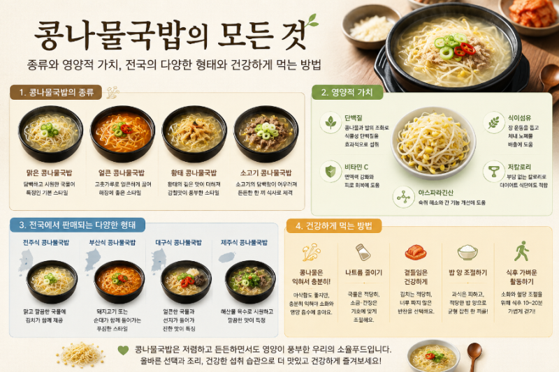 콩나물국밥의 종류와 영양적 가치전국에서 판매되는 다양한 형태와 건강하게 먹는 방법