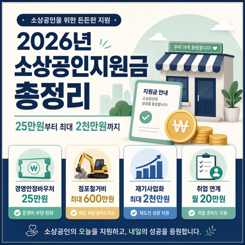 2026년 소상공인지원금 총정리｜25만원부터 최대 2천만원까지