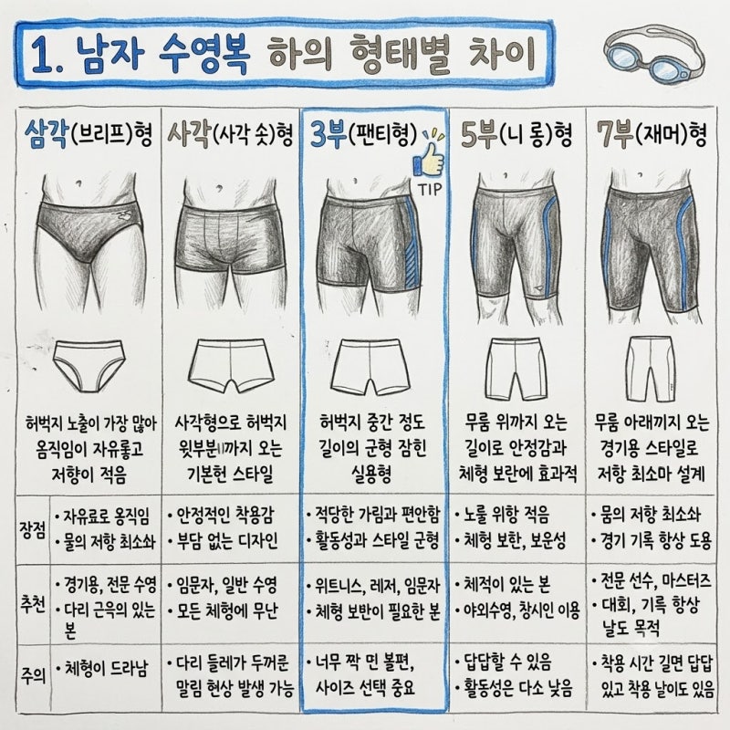 남자 수영복 하의 형태별 차이와 3부 팬티형 고르는 법