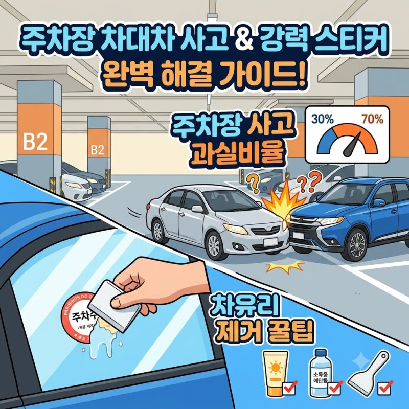 주차장 차대차 사고 과실 비율 총정리 및 차유리 스티커 5분 제거법