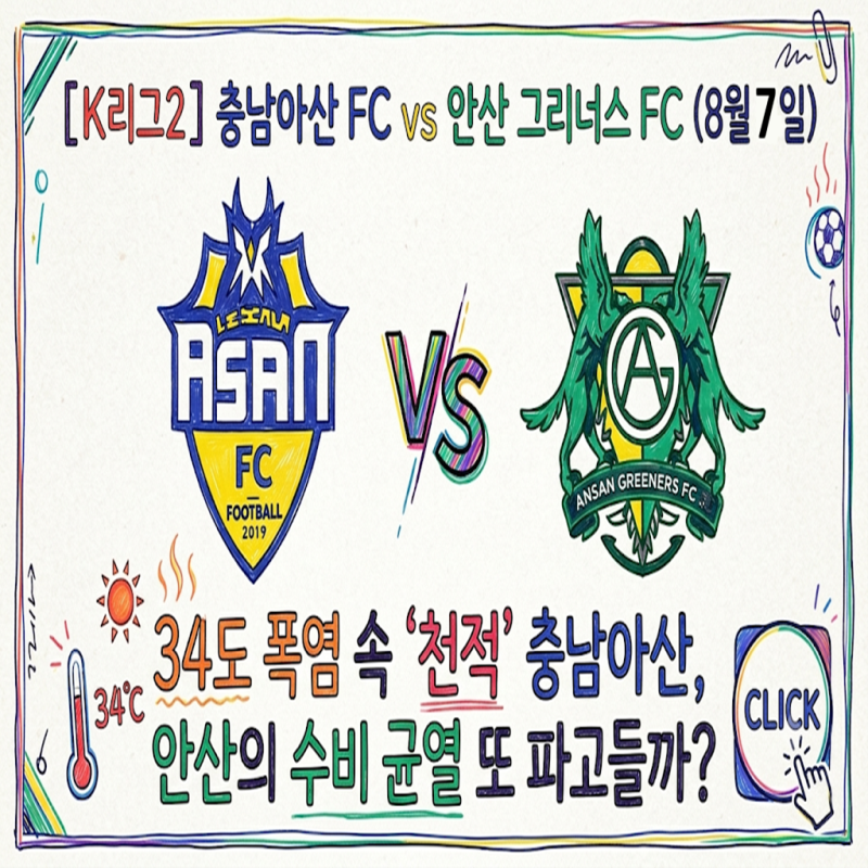 [K리그2] 충남아산 FC vs 안산 그리너스 FC (8월 7일) 34도 폭염 속 '천적' 충남아산, 안산의 수비 ....
