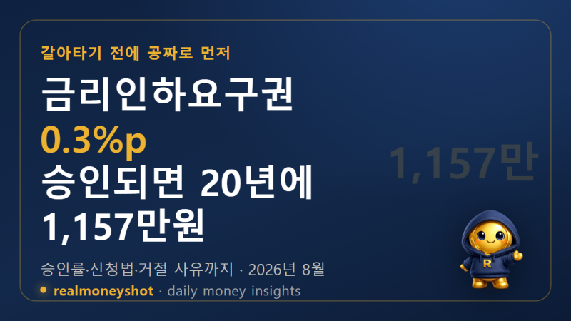 금리인하요구권 승인률 2026년 - 5대 은행 28~36%, 3억 대출 0.3%p만 깎여도 1,157만원