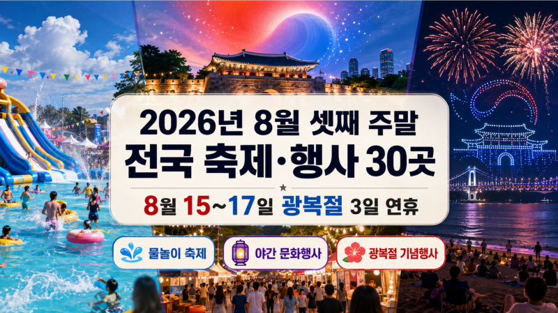 2026년 8월 셋째 주말 전국 축제·행사 30곳｜8월 15~17일 광복절 3일 연휴 가볼 만한 곳