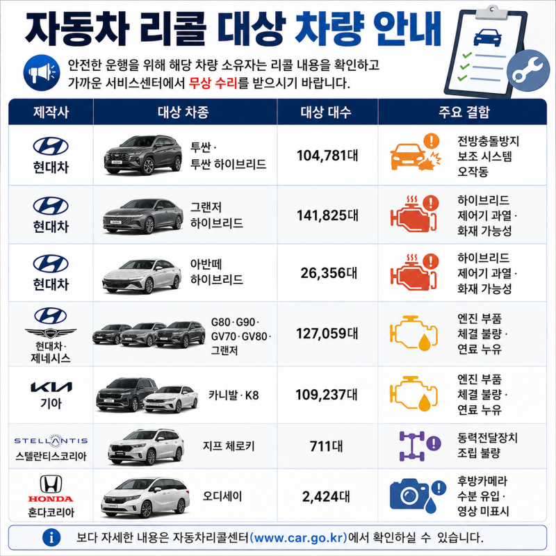 그랜저·아반떼 하이브리드 화재 가능성, 현대차·기아 51만 대 리콜 대상 차종 총정리, 내 차 ....