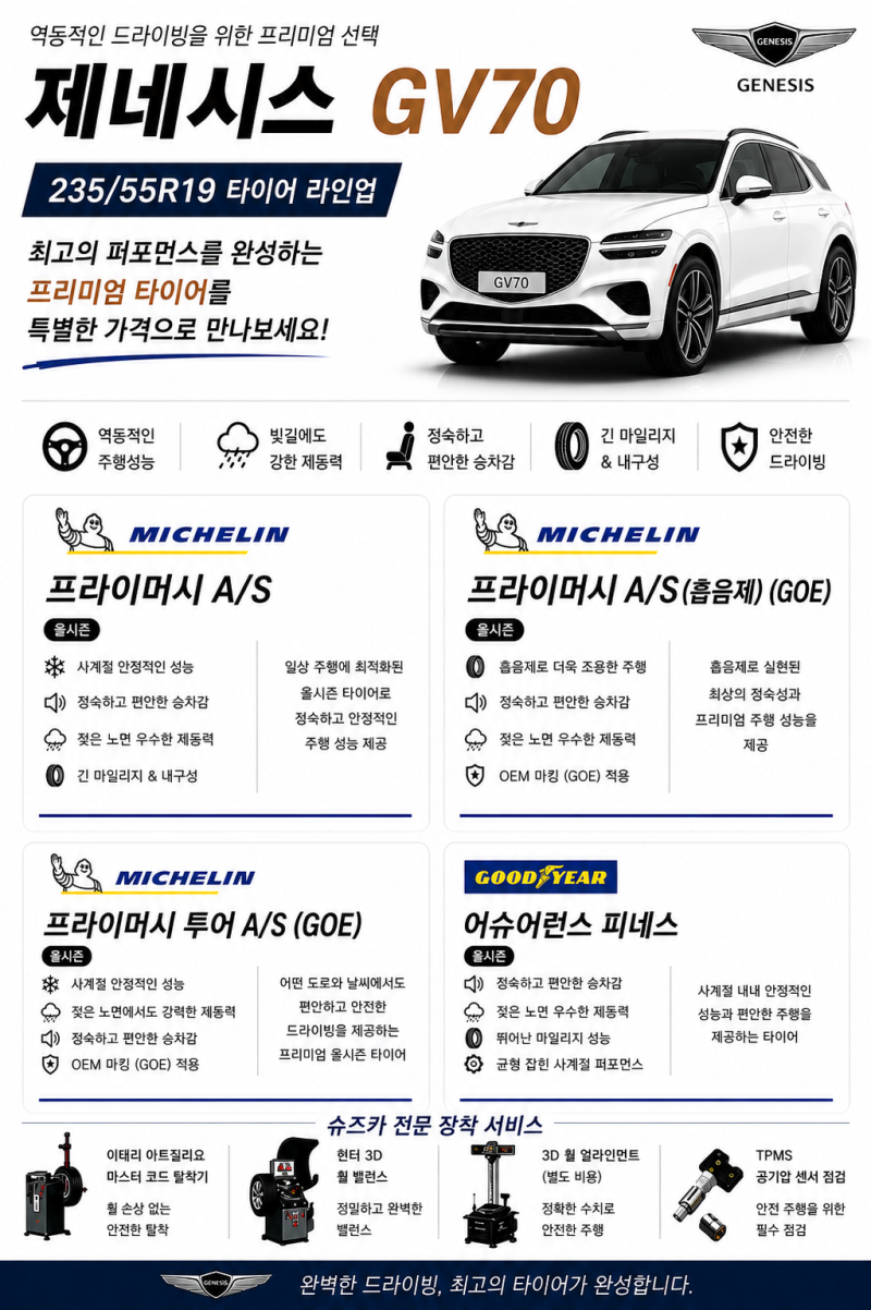 제네시스 gv70 국산및 수입 타이어 전품목 할인판매