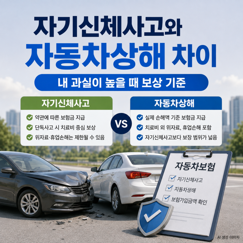 자기신체사고·자동차상해 차이｜내 과실이 높을 때 보상 기준