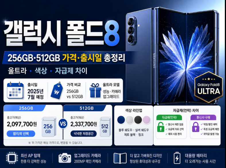 갤럭시 폴드8 256GB, 512GB 가격·출시일 총정리｜울트라·색상·자급제 차이