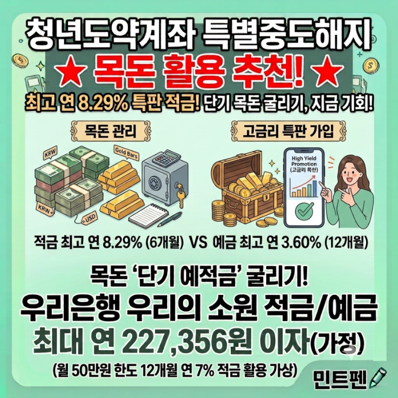 우리은행 우리의 소원적금 연 8.29% - 청년도약계좌 특별중도해지 목돈 놀리지 마세요! 1탄