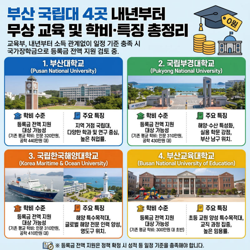 부산 국립대 4곳 내년부터 무상 교육 및 학비·특징 총정리