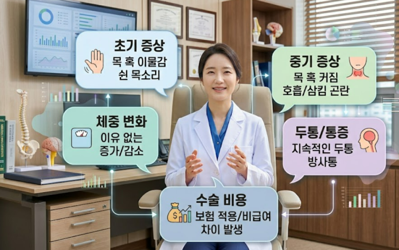 갑상선암 증상 초기 중기 체중 목 혹 두통 수술비용