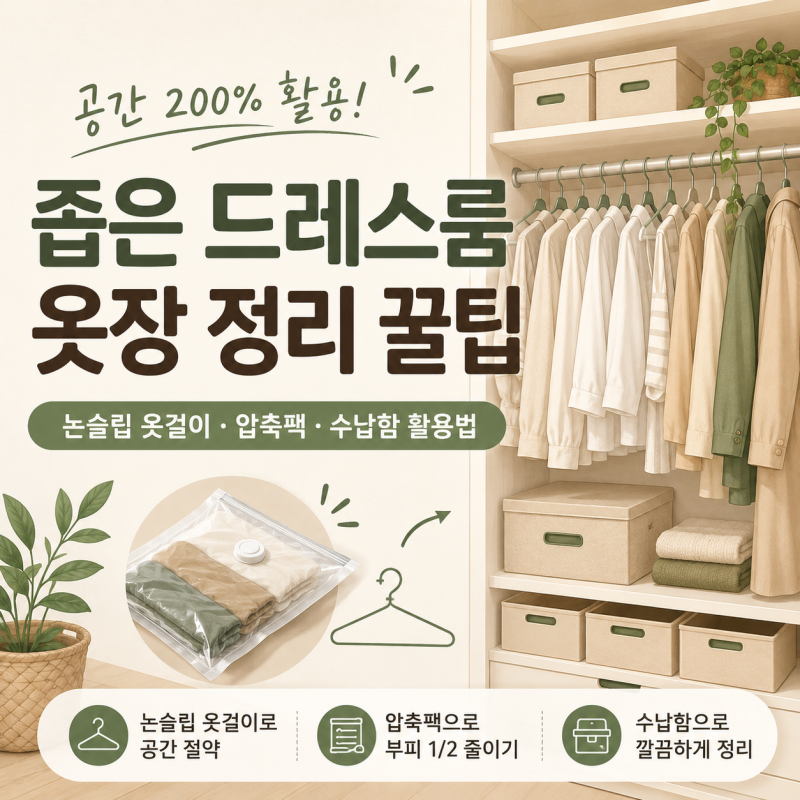 옷장 정리 꿀팁- 논슬립 옷걸이·압축팩·행거형 제습제로 공간 200% 활용하기
