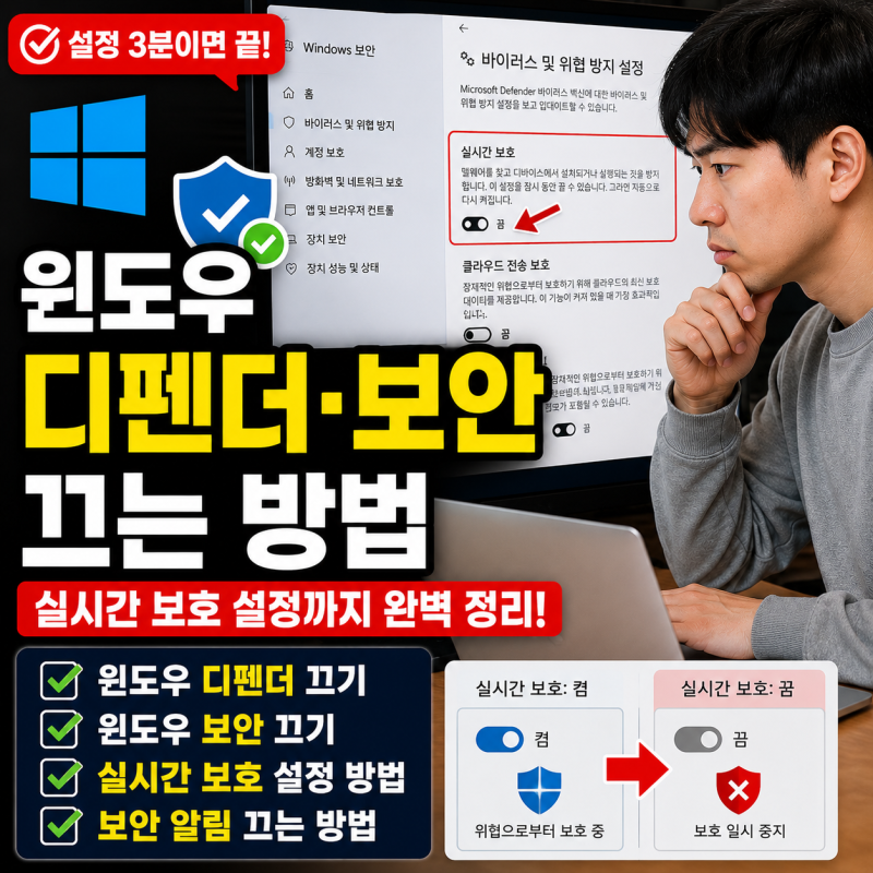 윈도우 디펜더 끄기와 윈도우 보안 끄기, 실시간 보호 설정 방법