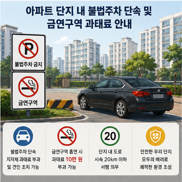 아파트 단지 내, 불법주차 단속 기준과 금연구역 과태료 및 도로 속도 규정