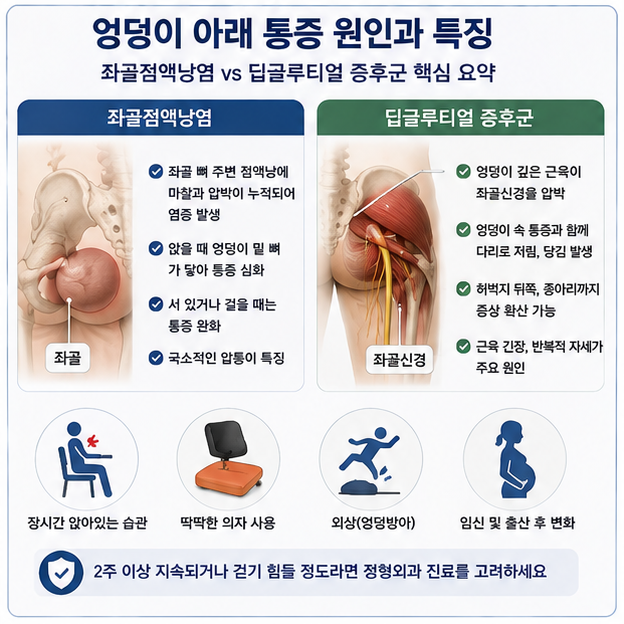 엉덩이 아래 통증, 좌골점액낭염 증상과 딥글루티얼 증후군 자가진단 병원 가이드