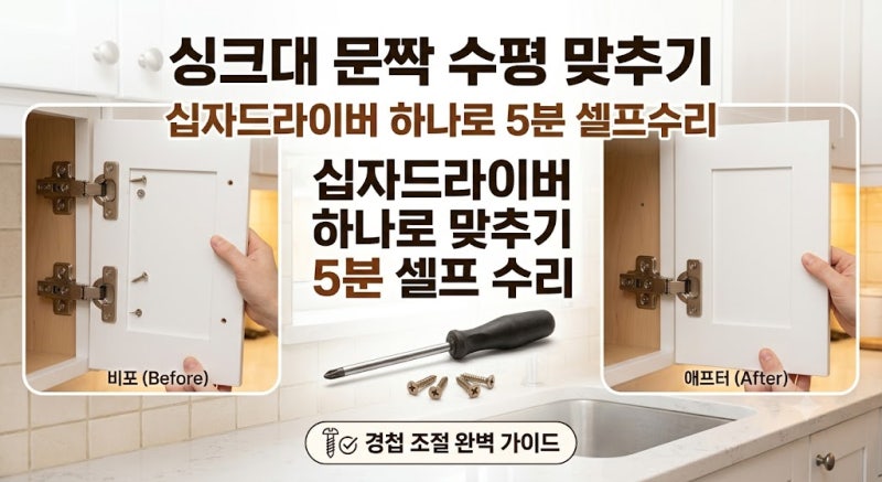 삐뚤어진 싱크대 문짝, 경첩 조절로 간단하게 셀프 수리하는 법