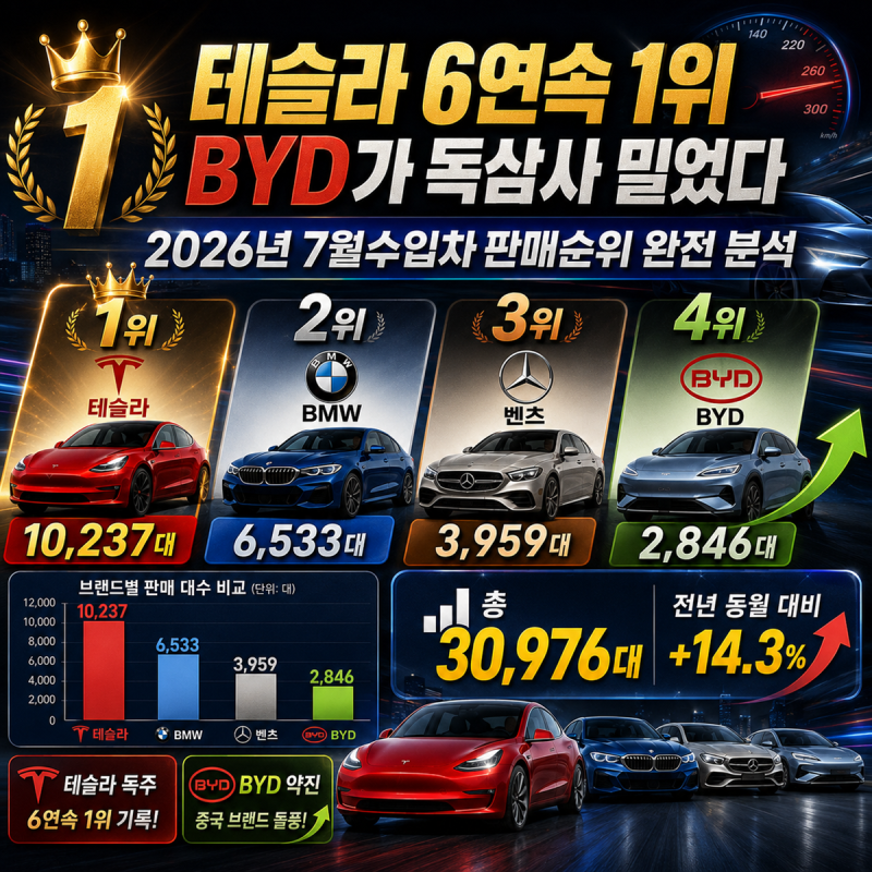 테슬라 6연속 1위 BYD가 독삼사 밀었다 2026년 7월수입차판매순위 완전 분석